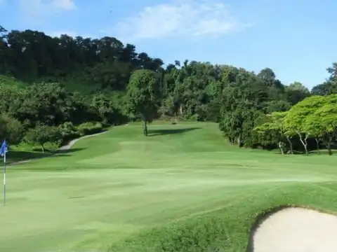 Fairway tra colline boscose con bunker